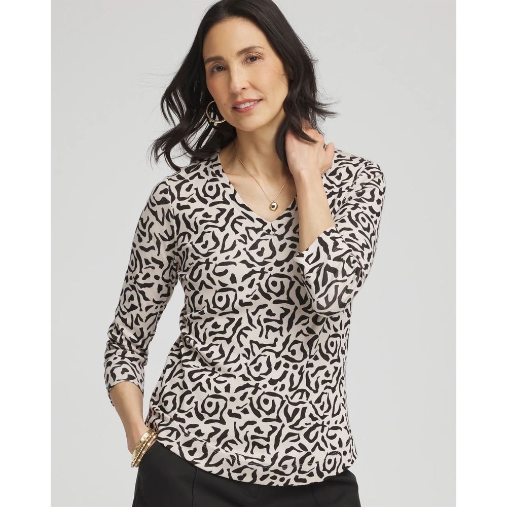 CHICO'S V-Neck Top 3 XL Tan Black Abstract Swirl Print 3/4 Sleeve Pima Cotton
